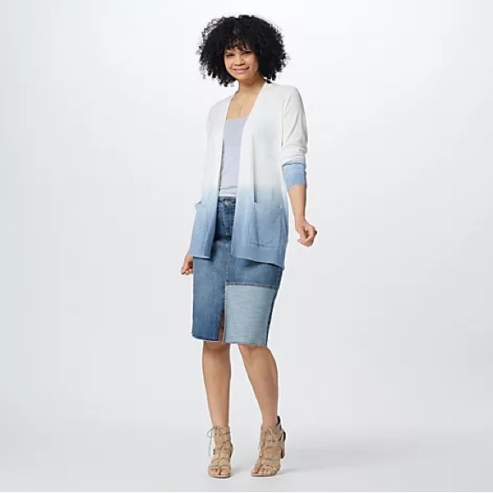 NYDJ Denim Midi Skirt Size 8 Front Patch- Clean Seline Knee Length Blue Stretch
